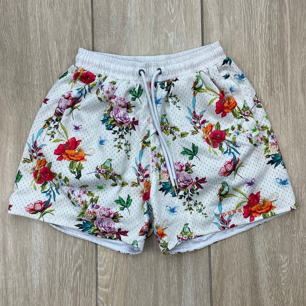 YoungLA Floral Mesh Athletic Shorts Small White Gym Training Lined Activewear